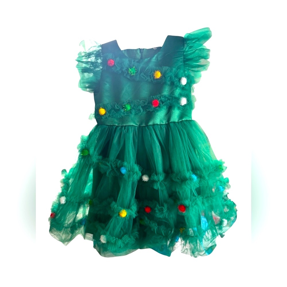 Whimsical Green and Red Christmas Tree Costume Formal Girls Dress. Sz 3-4 yrs